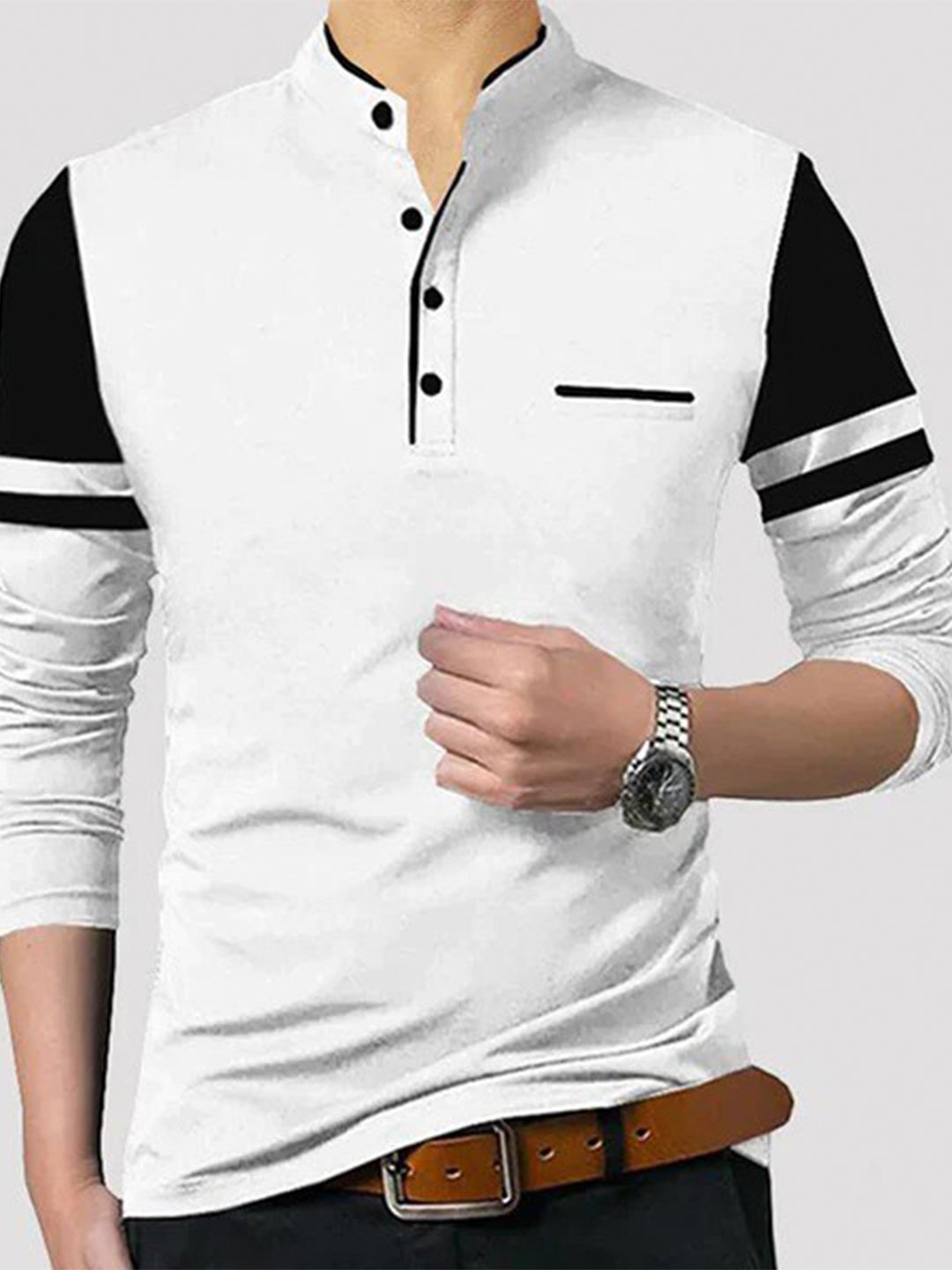 

TRIPR ORIGINALS Men Cotton Mandarin Collar T-shirt, White