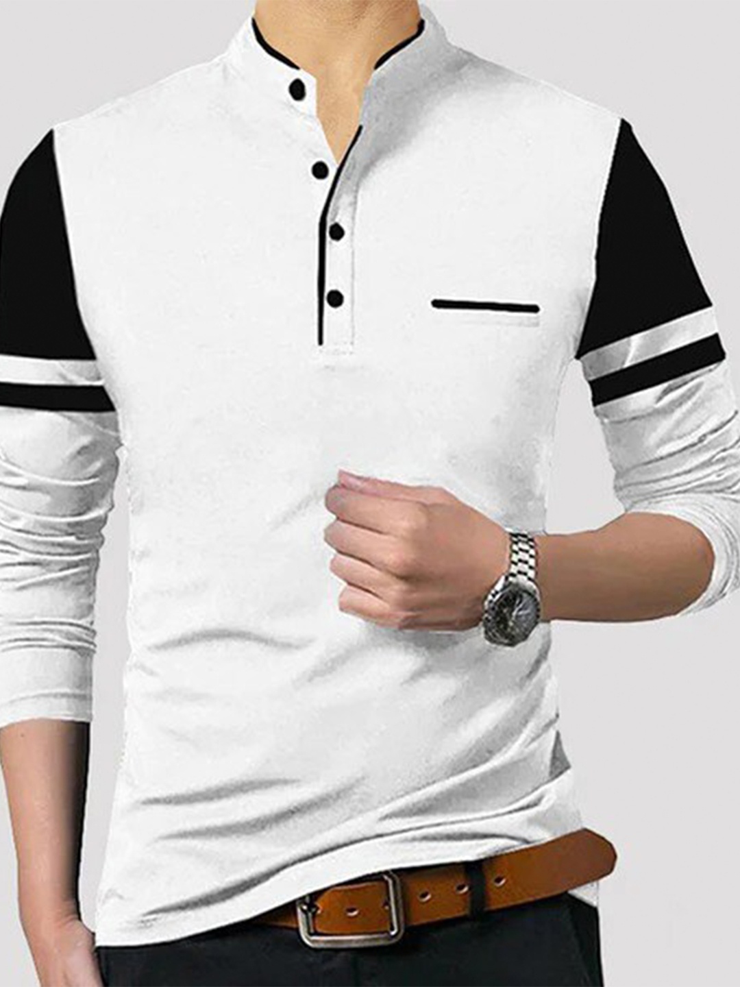 

TRIPR ORIGINALS Colourblocked Mandarin Collar Cotton T-Shirt, White