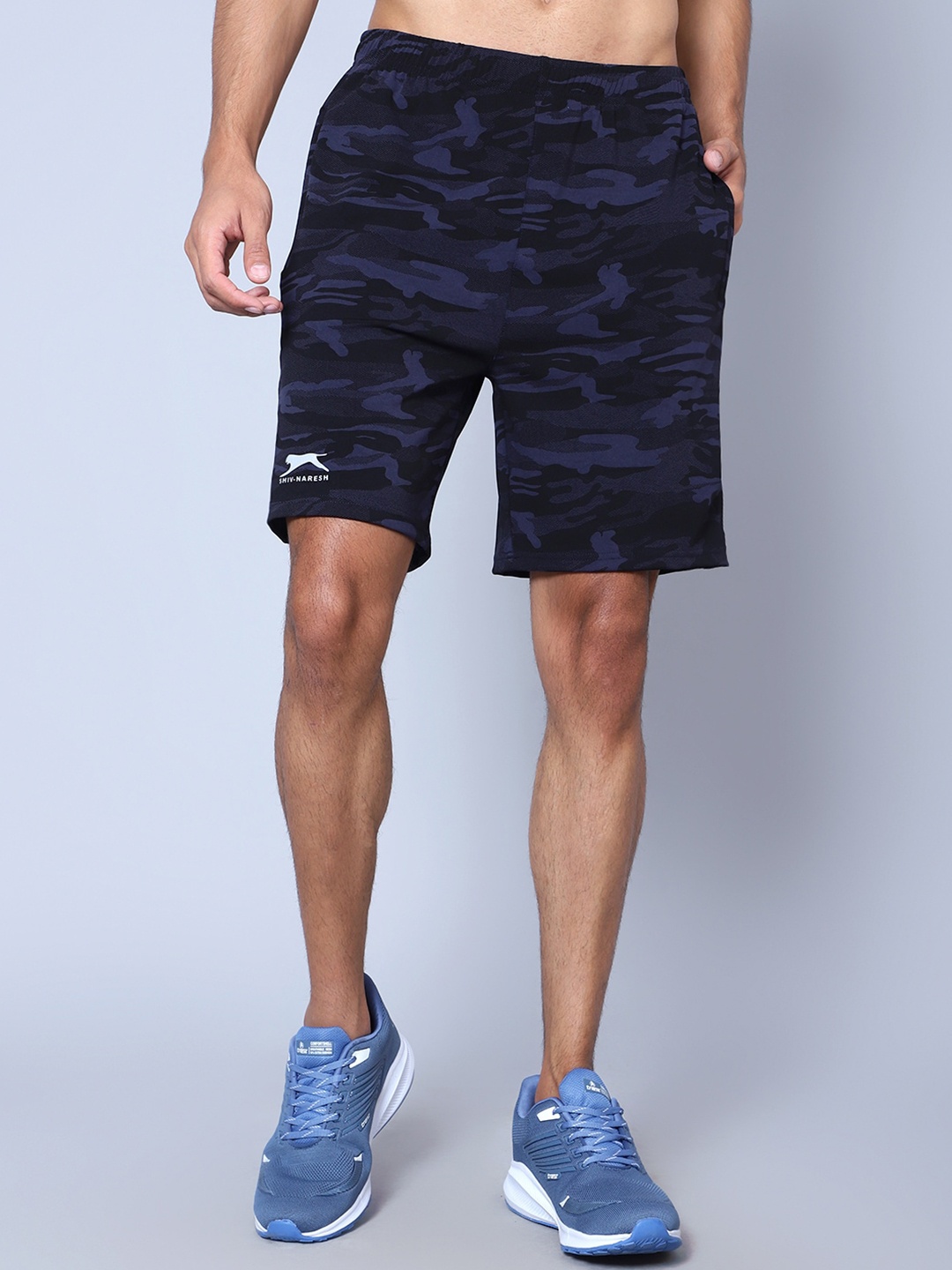 

Shiv Naresh Men Camouflage Printed Sports Shorts, Navy blue