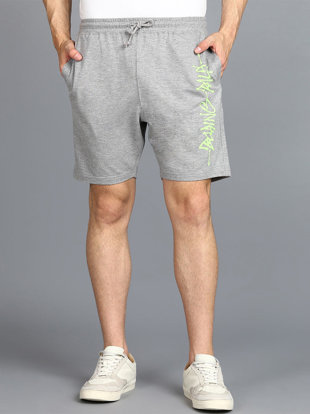 

Alan Jones Men Mid-Rise Typography Printed Casual Cotton Shorts, Grey