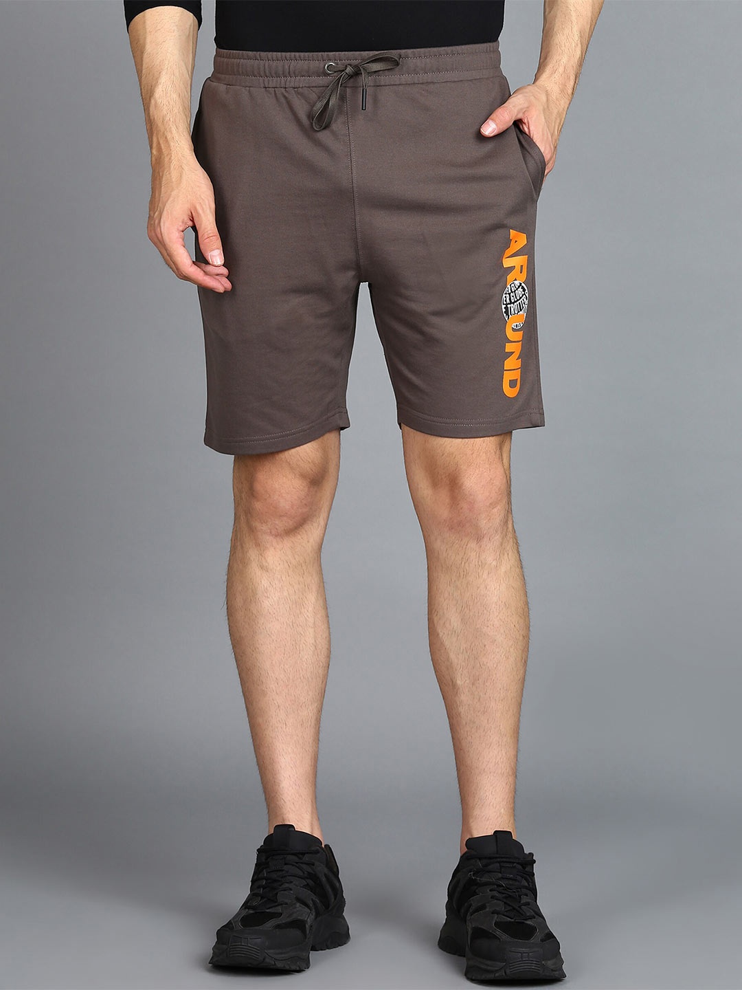 

Alan Jones Men Mid-Rise Typography Printed Casual Cotton Shorts, Brown