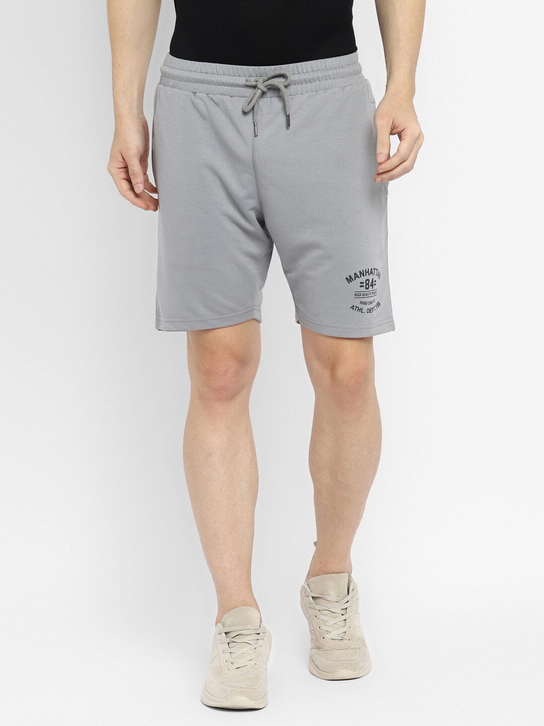 

Alan Jones Men Mid-Rise Typography Printed Casual Cotton Shorts, Grey melange