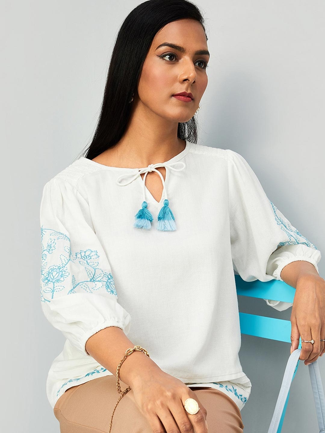 

max Floral Embroidered Tie-Up Neck Puff Sleeves Regular Top, White