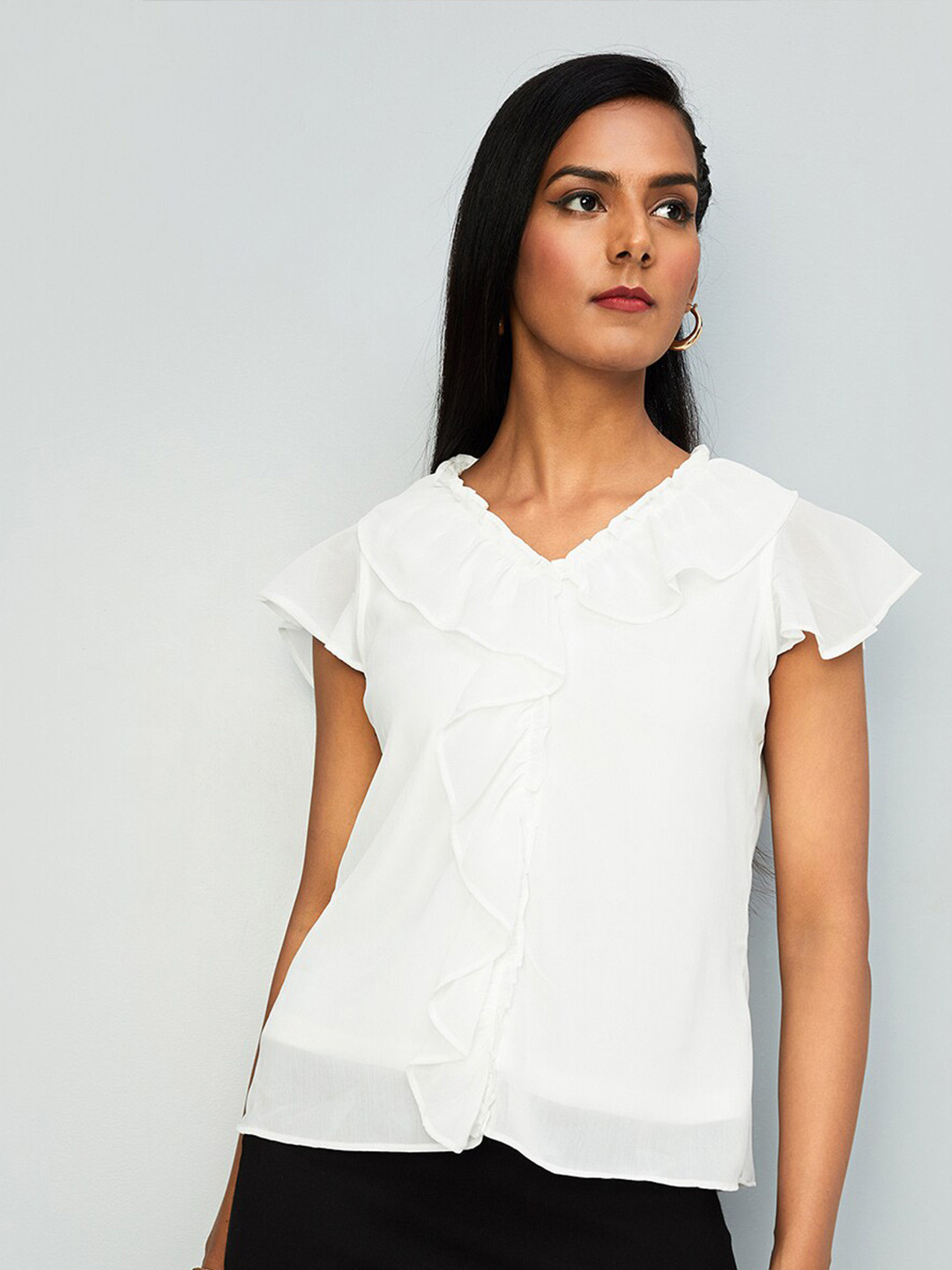 

max V-Neck Flutter Sleeve Ruffled Top, White