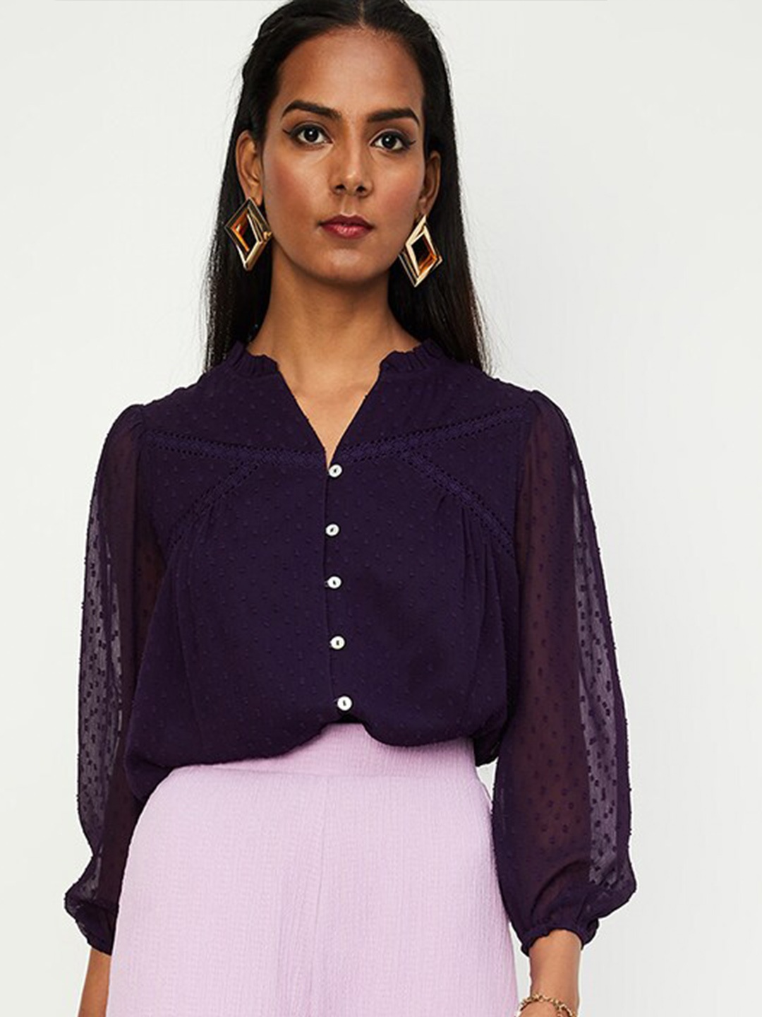 

max Self Design Mandarin Collar Puff Sleeve Top, Purple