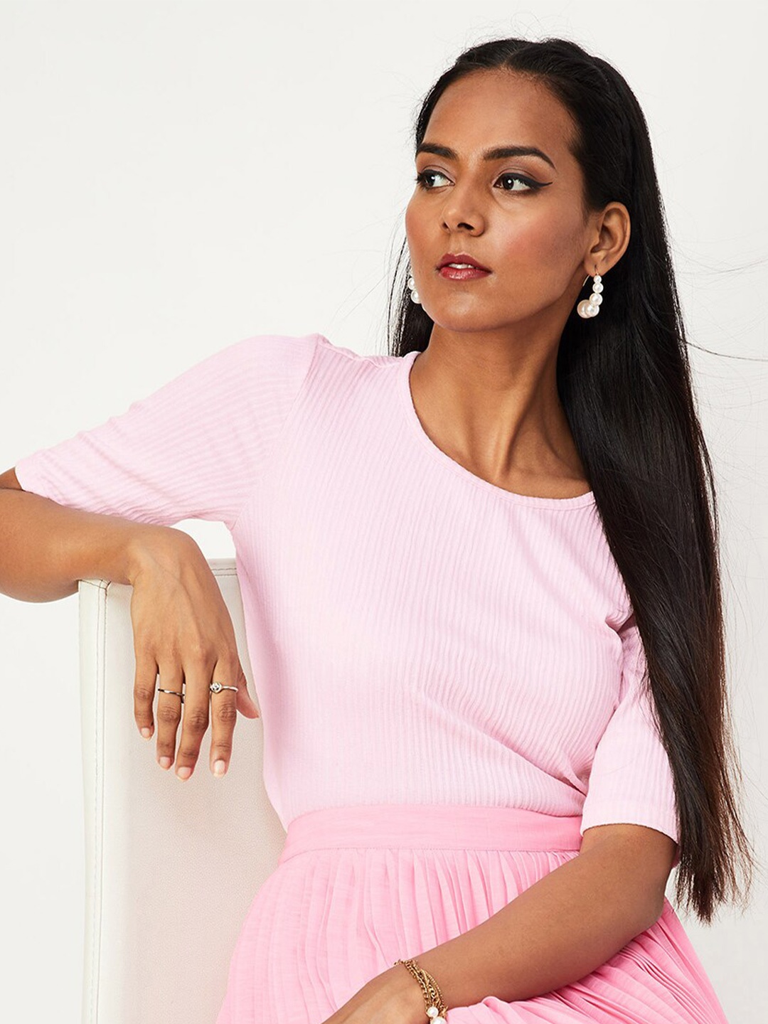

max Round Neck Short Sleeve Ribbed Fitted Cotton Top, Pink