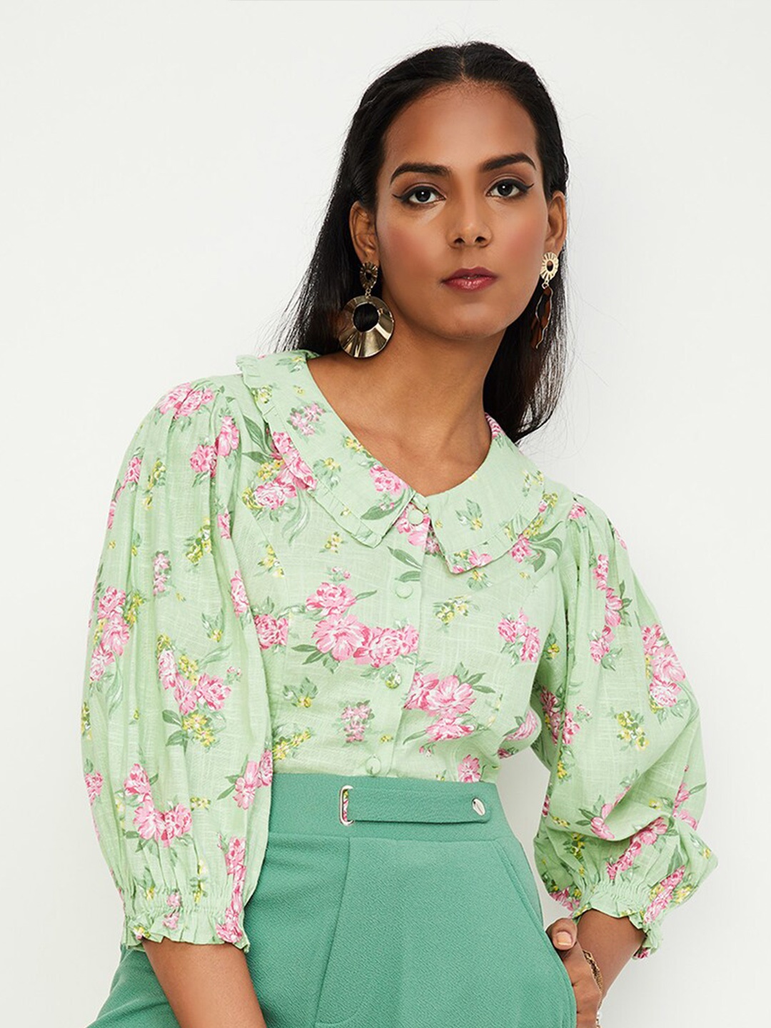 

max Floral Printed Perter Pan Collar Puff Sleeves Cotton Top, Green