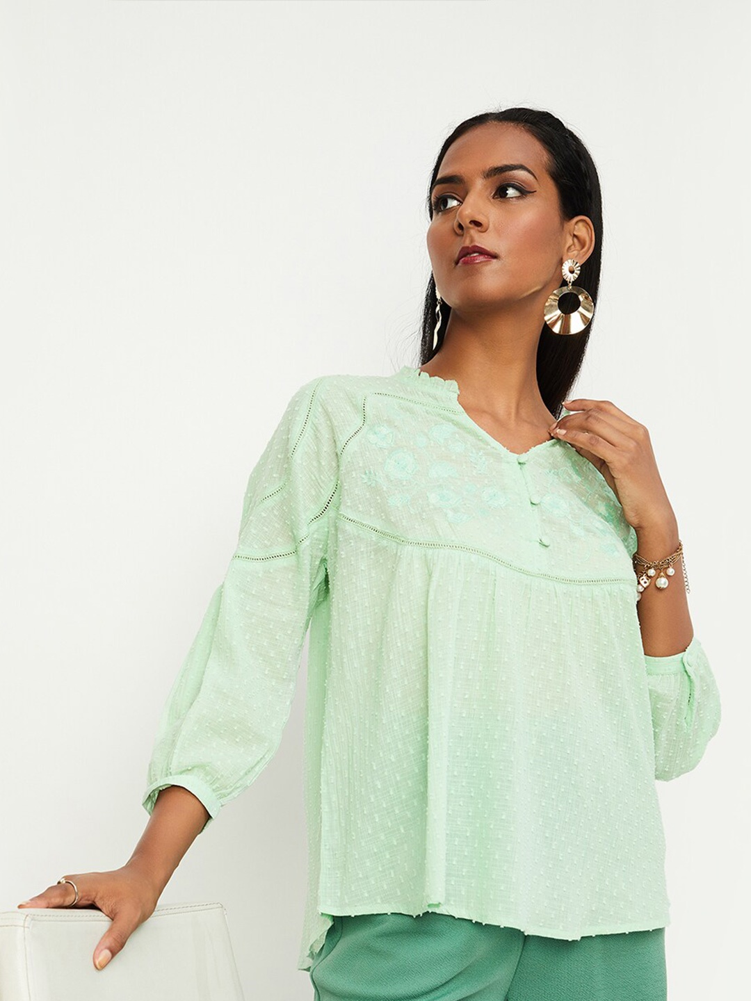 

max Floral Embroidered Mandarin Collar Cuffed Sleeves Pure Cotton Top, Green