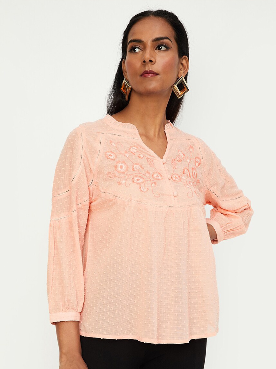 

max Floral Embroidered Mandarin Collar Cuffed Sleeves Pure Cotton Top, Orange