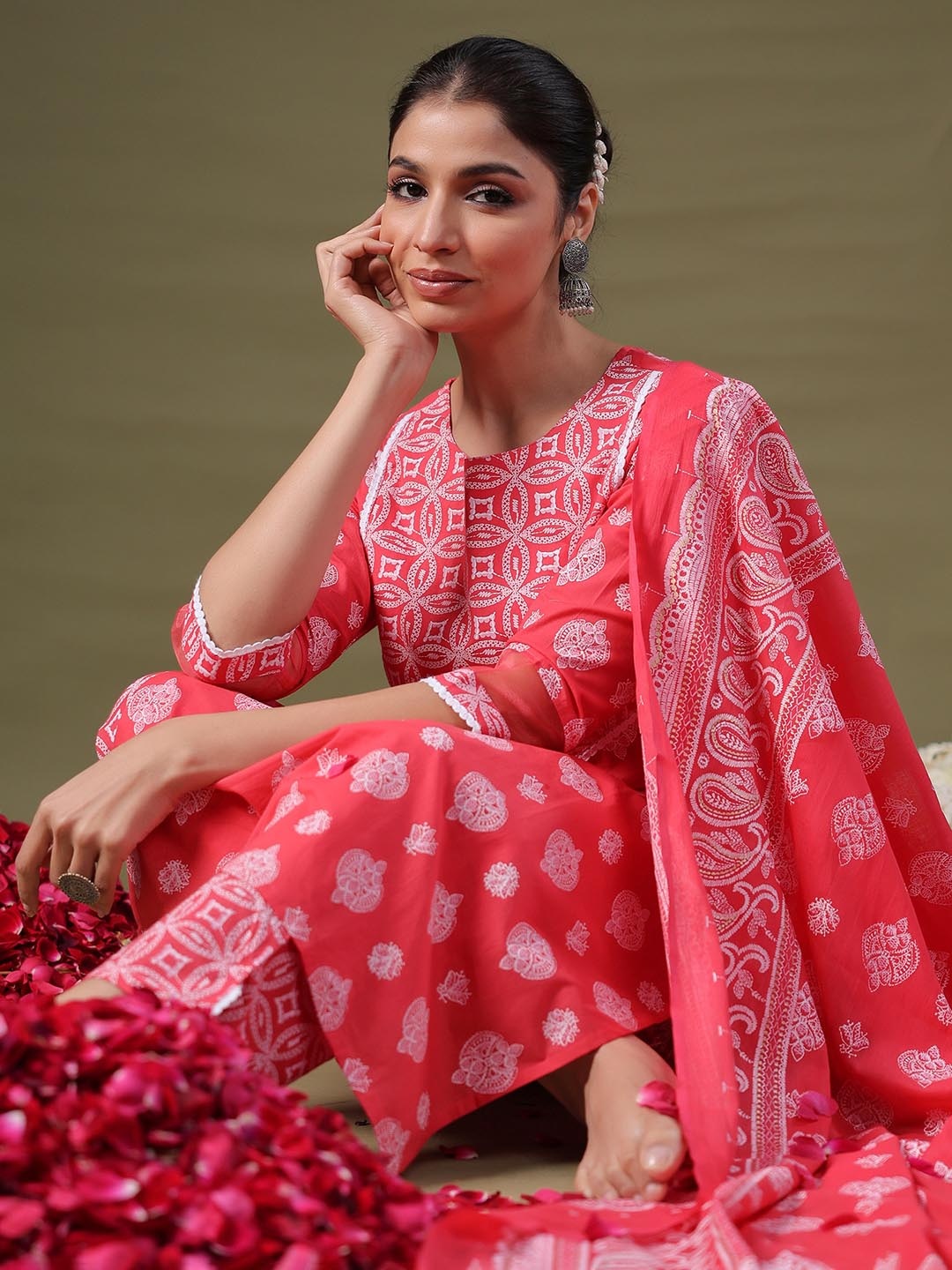 

Indo Era Women Ethnic Motifs Printed Pure Cotton Kurta with Trousers & With Dupatta, Pink