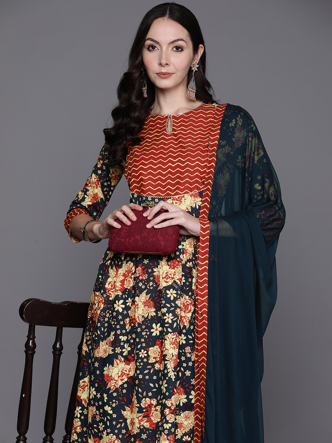 

Indo Era Women Floral Printed Gotta Patti Pure Cotton Kurta with Trousers & With Dupatta, Blue