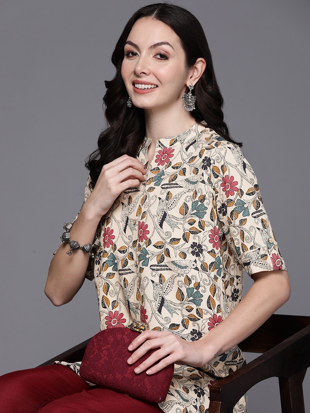 

Indo Era Tropical Print Mandarin Collar Roll-Up Sleeves Bohemian Shirt Style Longline Top, Beige