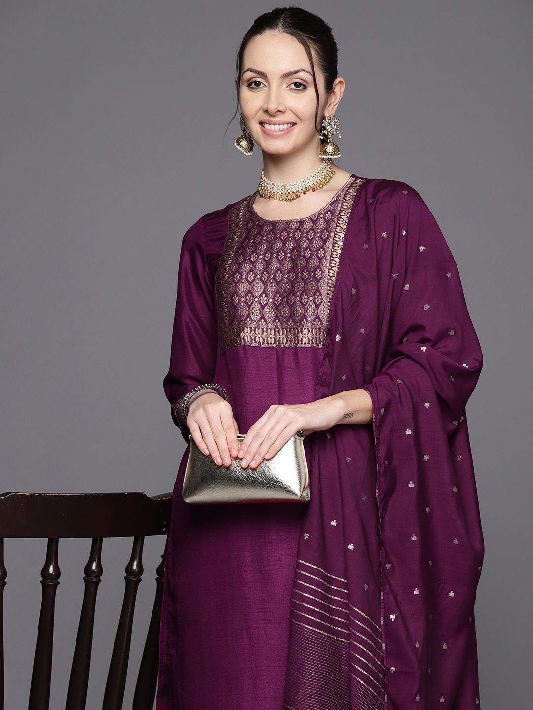 

Indo Era Ethnic Motifs Woven Design Straight Kurta with Trousers & Dupatta, Burgundy