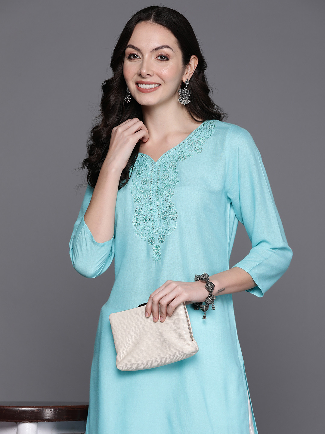 

Indo Era Floral Embroidered Sequinned Kurta, Turquoise blue