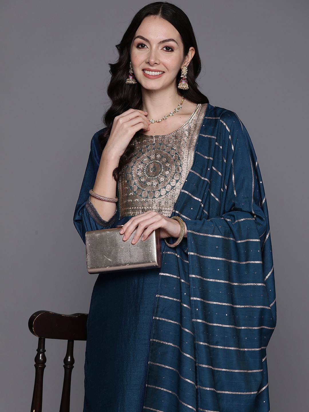 

Indo Era Wwoven Design Regular Kurta with Trousers & Dupatta, Navy blue