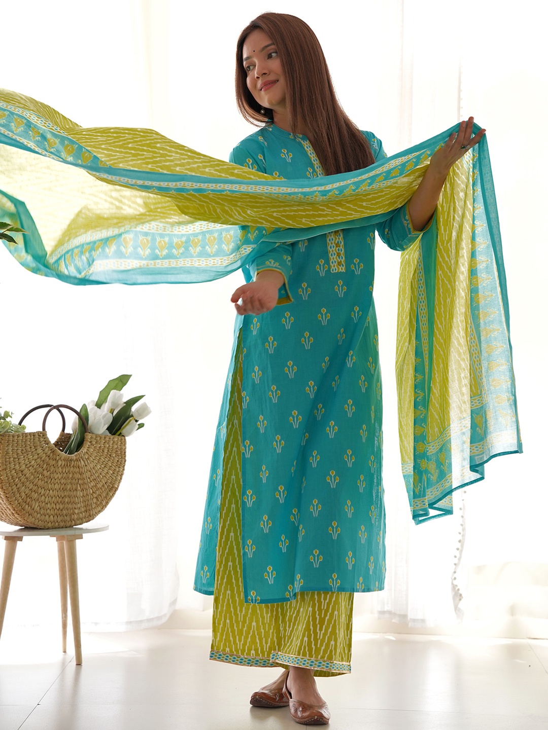 

Indo Era Ethnic Motifs Printed Regular Pure Cotton Kurta with Palazzos & Dupatta, Turquoise blue