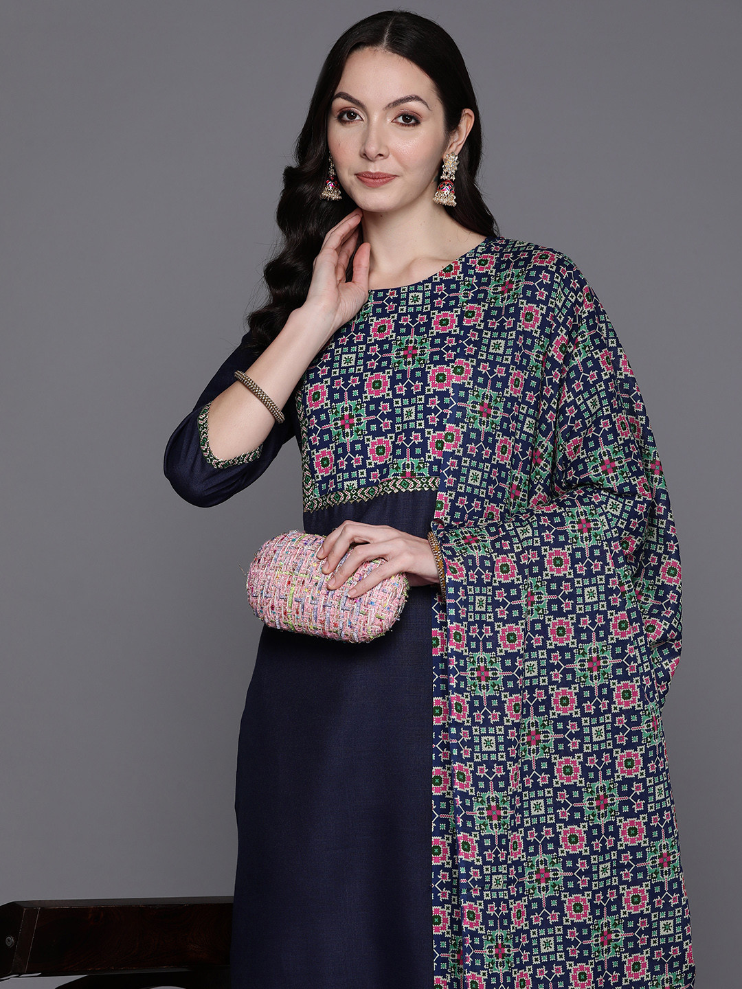 

Indo Era Ethnic Motifs Yoke Design Regular Kurta with Palazzos & Dupatta, Navy blue