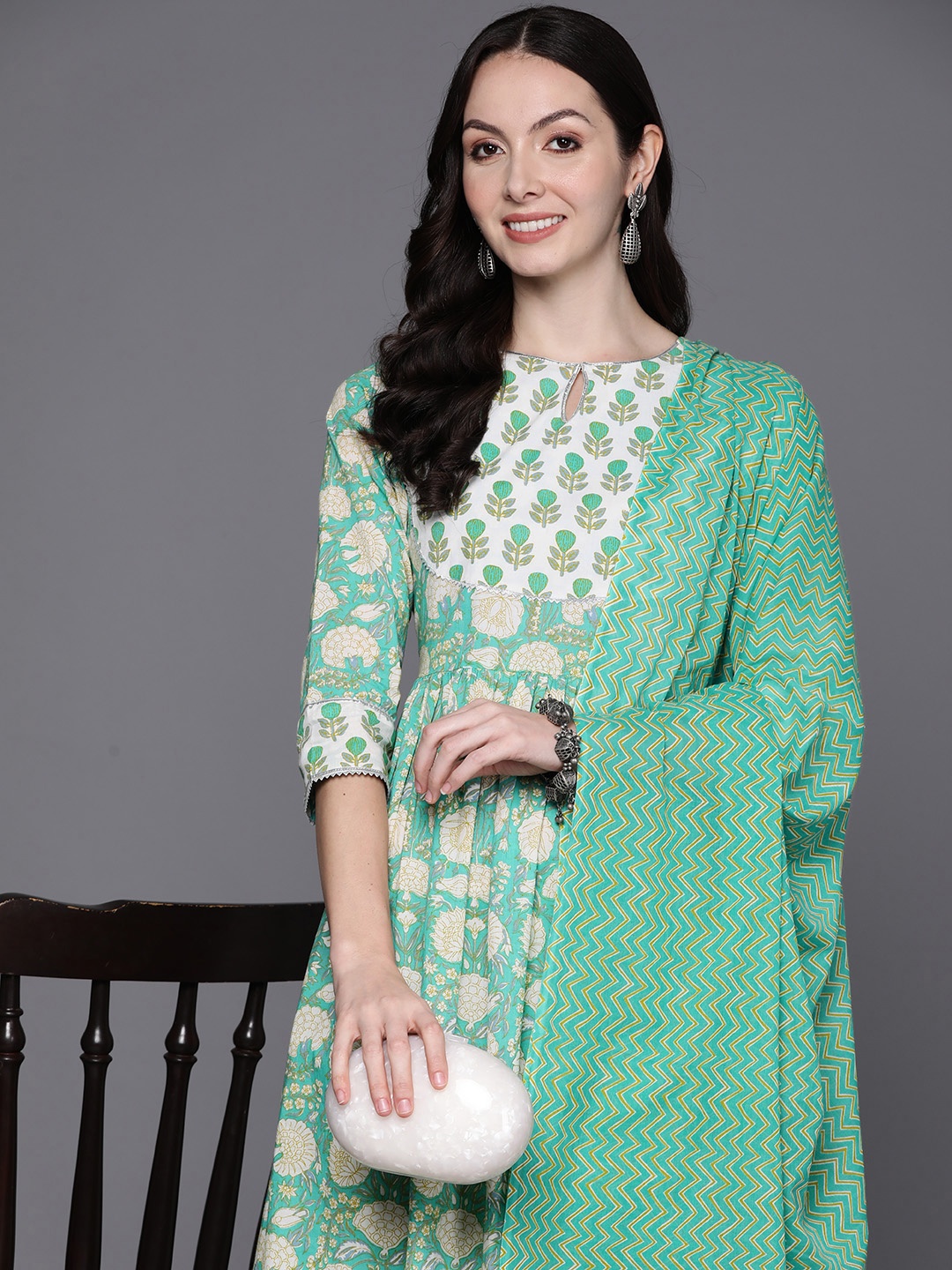 

Indo Era Floral Printed Regular Gotta Patti Pure Cotton Kurta with Trousers & Dupatta, Sea green