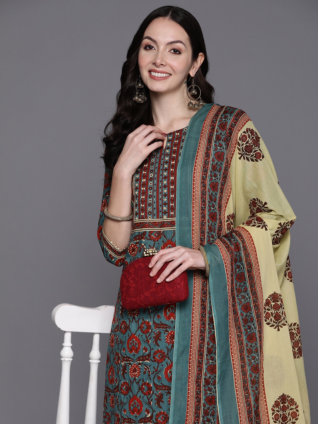

Indo Era Floral Printed Regular Pure Cotton Kurta with Trousers & Dupatta, Teal
