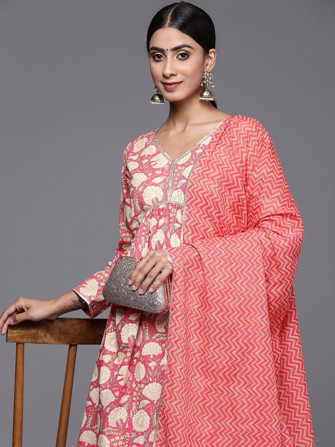 

Libas Women Floral Printed Gotta Patti Pure Cotton Kurti with Sharara & With Dupatta, Coral