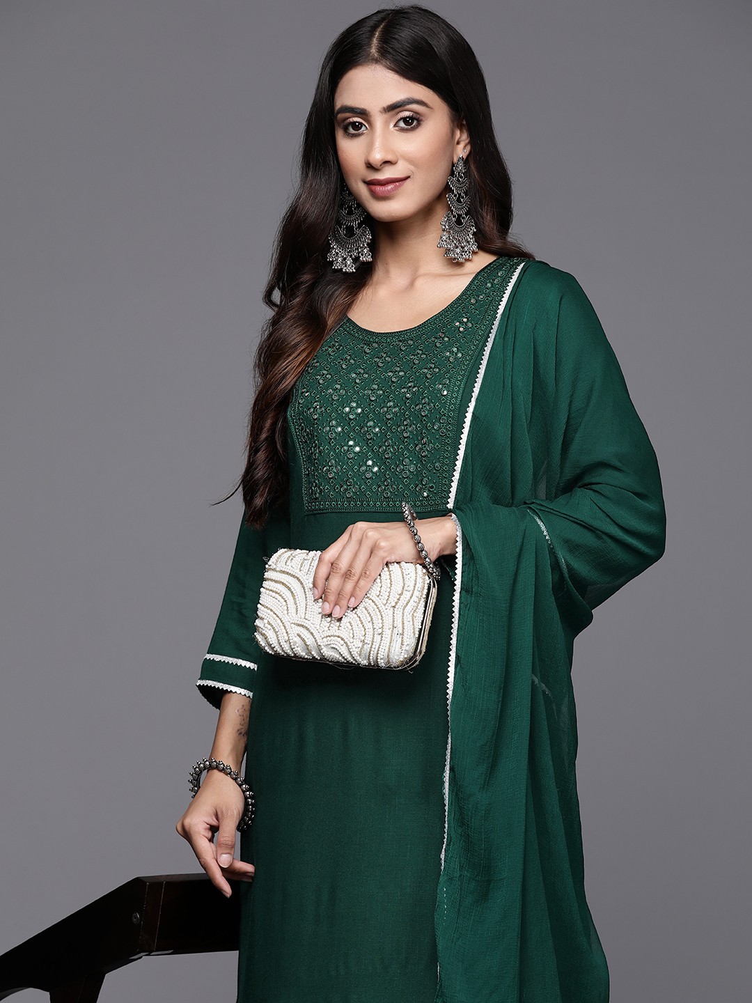 

Libas Women Embroidered Regular Mirror Work Kurta with Palazzos & With Dupatta, Green