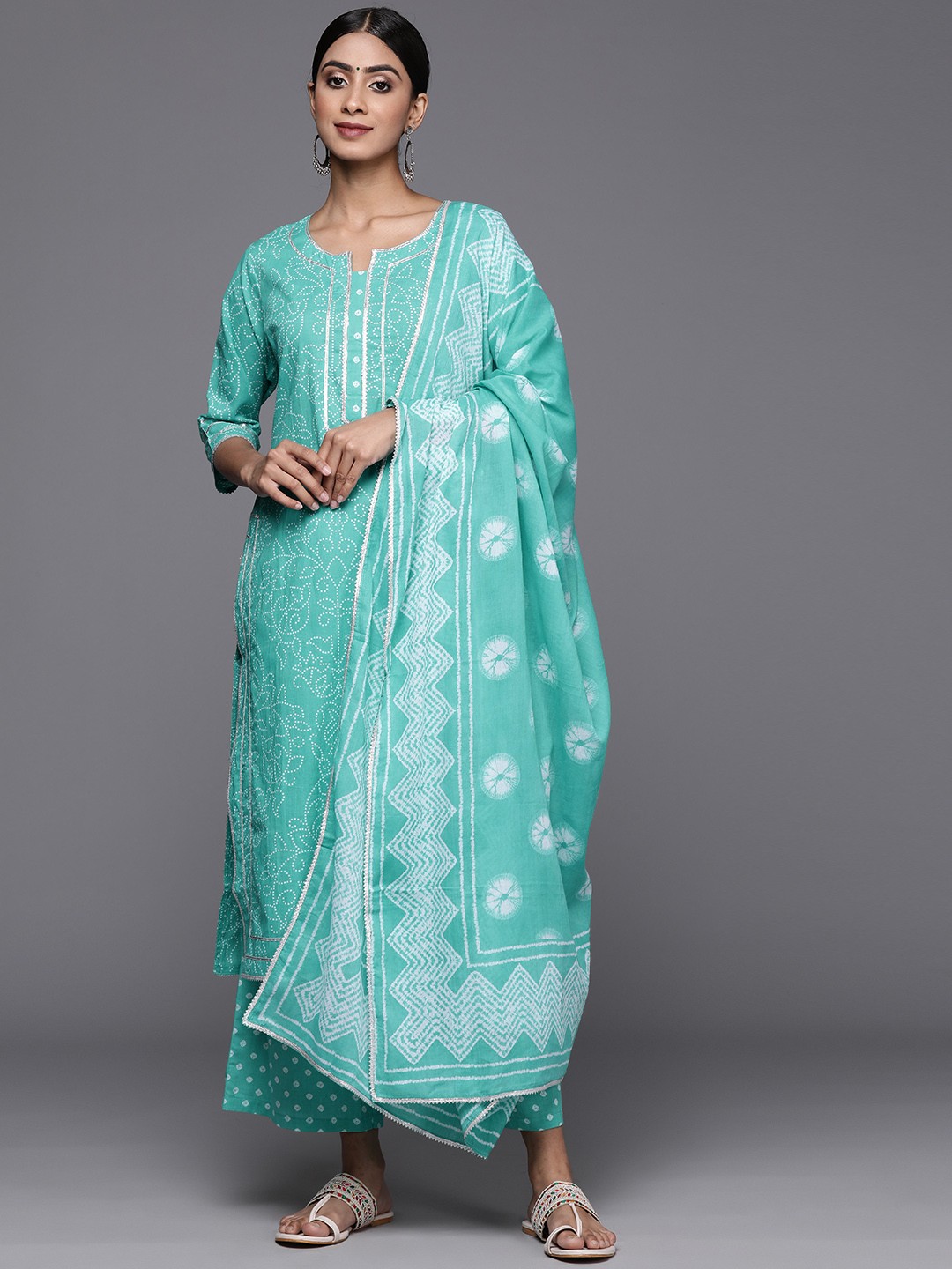 

Libas Women Bandhani Printed Gotta Patti Pure Cotton Kurta with Palazzos & With Dupatta, Turquoise blue