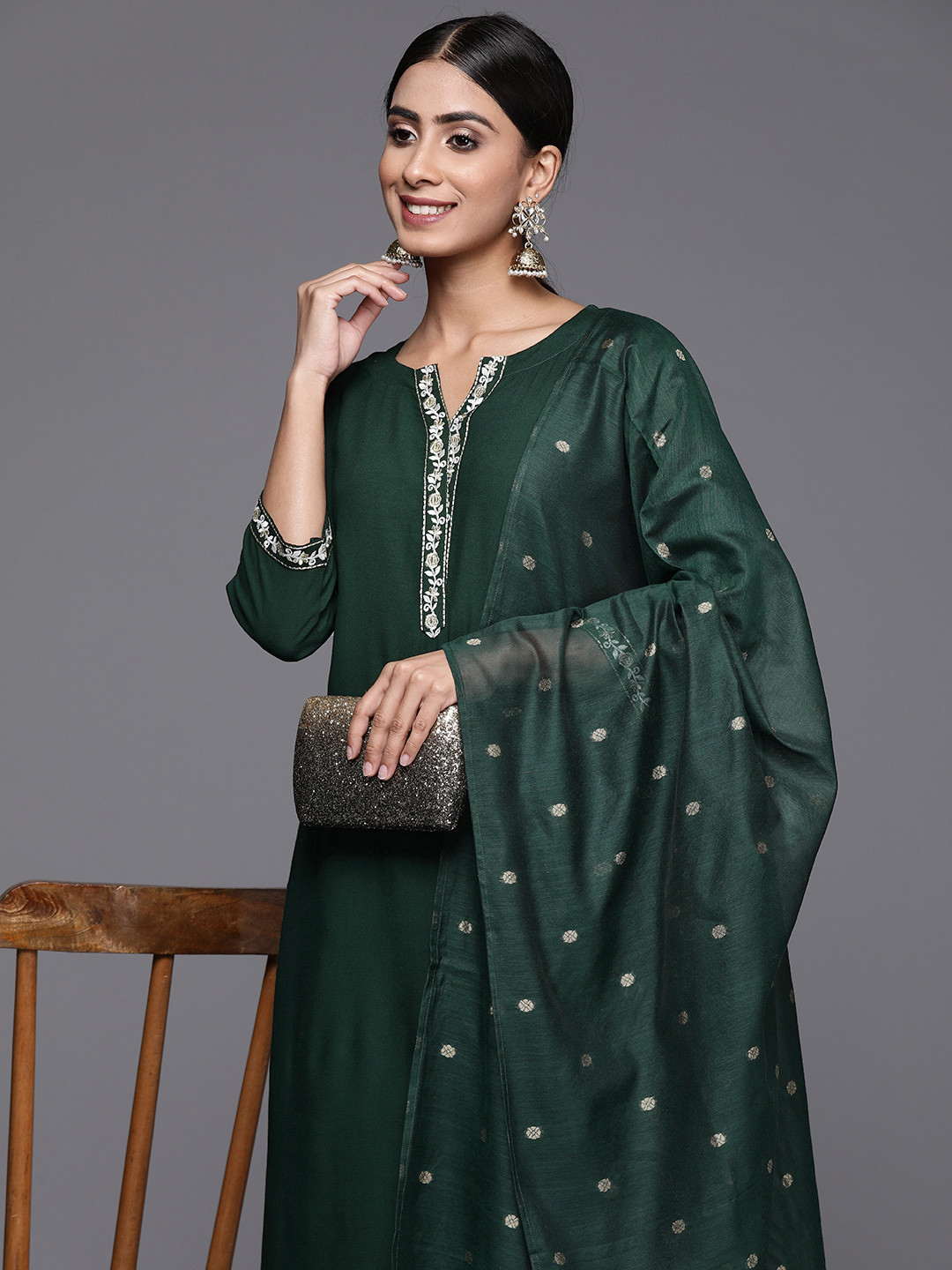 

Libas Women Floral Yoke Design Regular Thread Work Kurta with Salwar & With Dupatta, Green