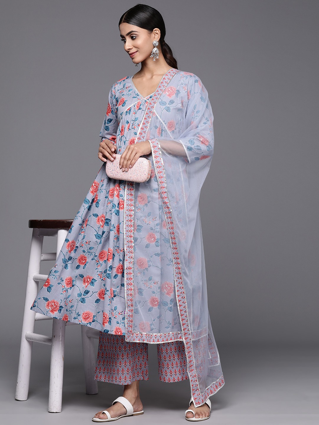 

Libas Floral Printed Empire Gotta Patti Pure Cotton Kurta with Palazzos & Dupatta, Grey