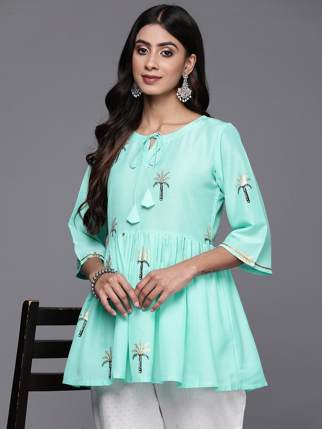 

Libas Floral Printed Flared Sleeves Pleated Kurti, Turquoise blue
