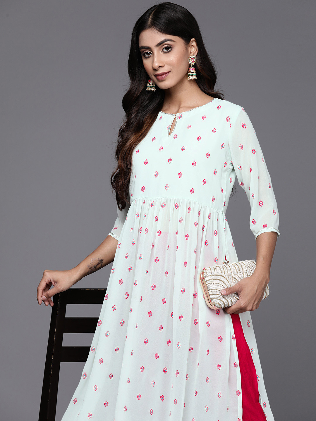 

Libas Women Ethnic Motifs Printed Keyhole Neck Gotta Patti Pleated Georgette Kurta, White