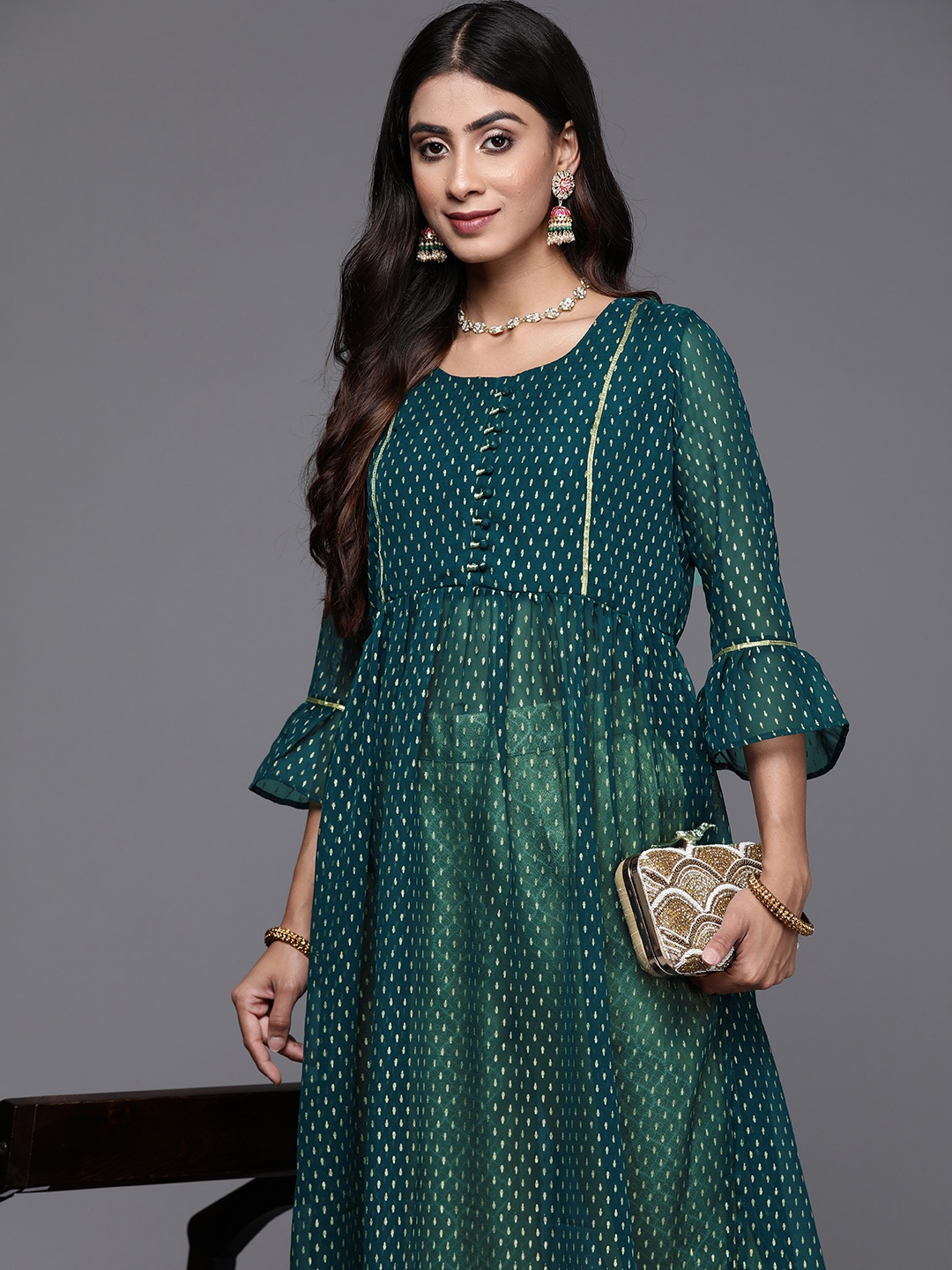 

Libas Women Ethnic Motifs Printed Bell Sleeves Gotta Patti Georgette Kurta, Green