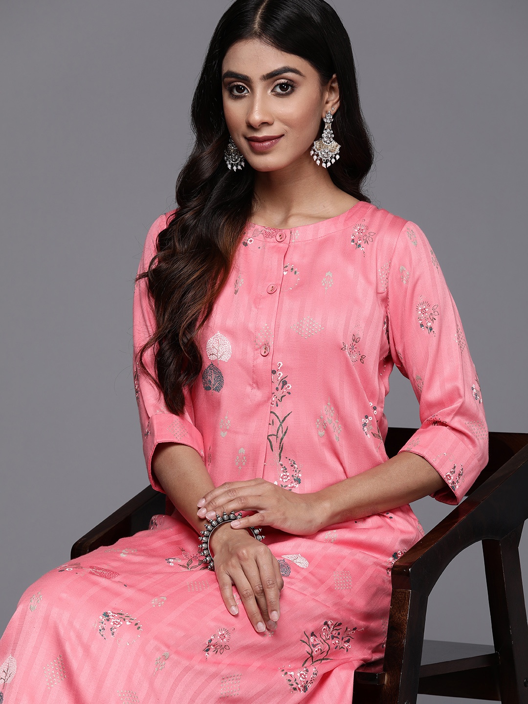 

Libas Women Floral Printed Band Collar Kurta, Pink