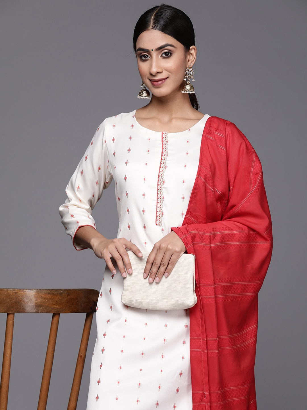 

Libas Women Regular Kurta with Trousers & With Dupatta, Cream