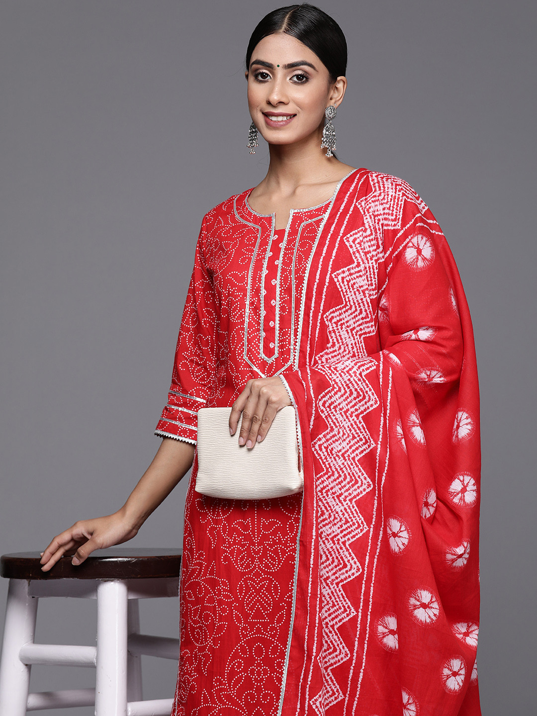 

Libas Women Bandhani Printed Gotta Patti Pure Cotton Kurta with Palazzos & With Dupatta, Red