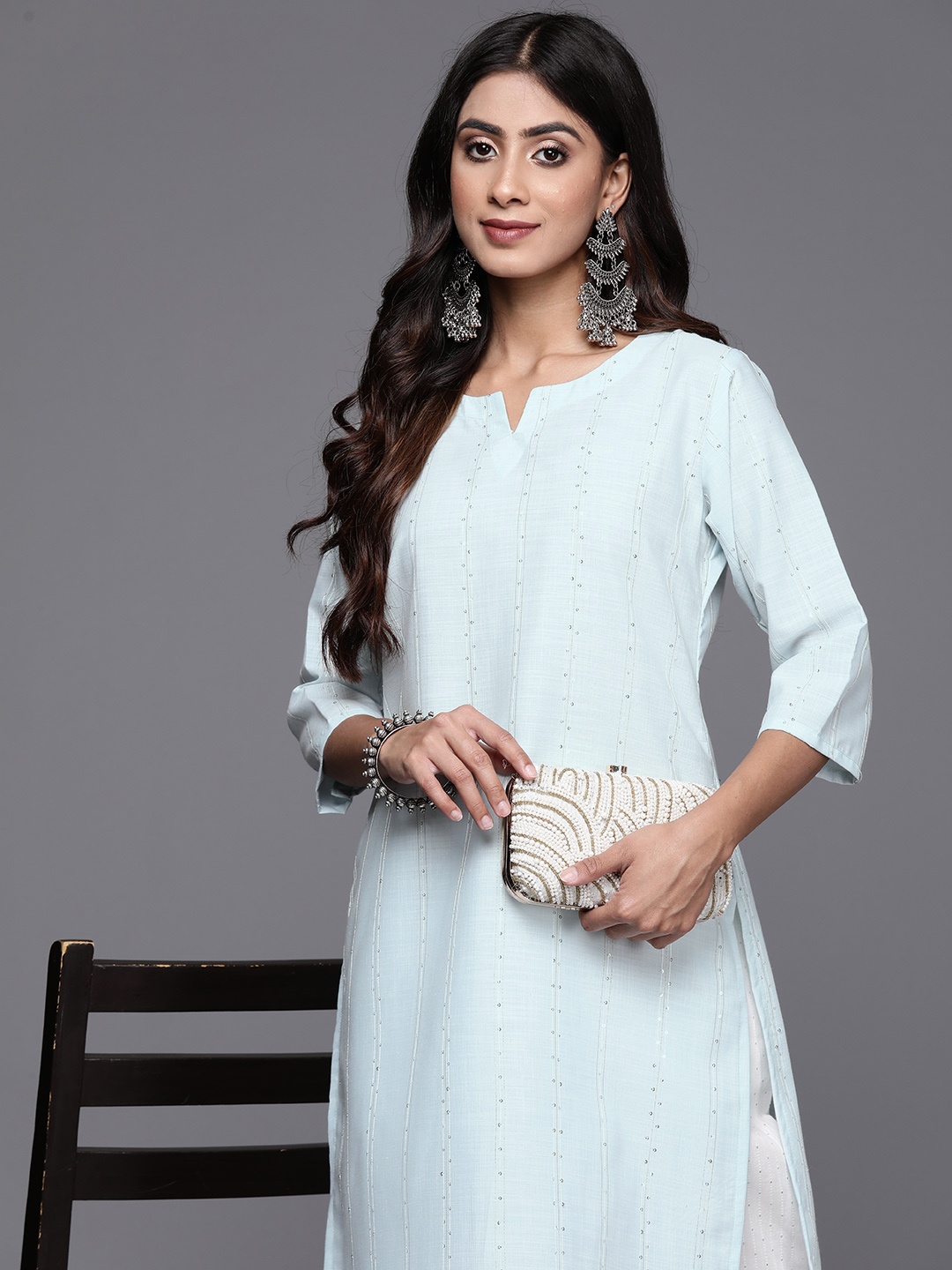 

Libas Women Woven Design Sequinned Straight Kurta, Blue
