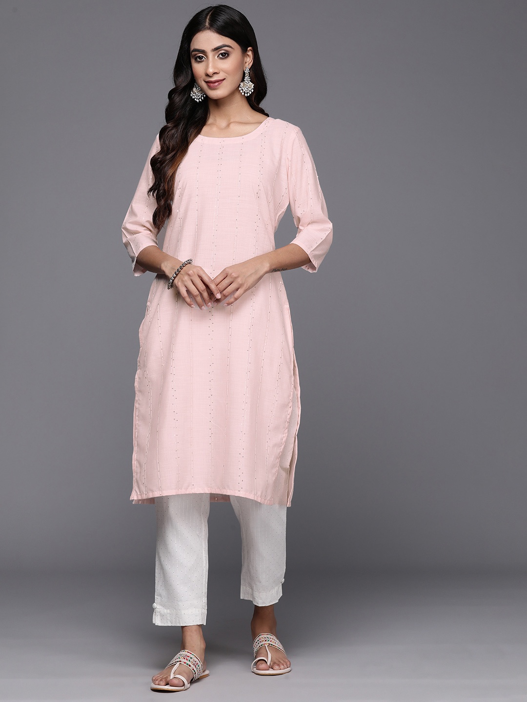 

Libas Women Woven Design Sequinned Straight Kurta, Peach