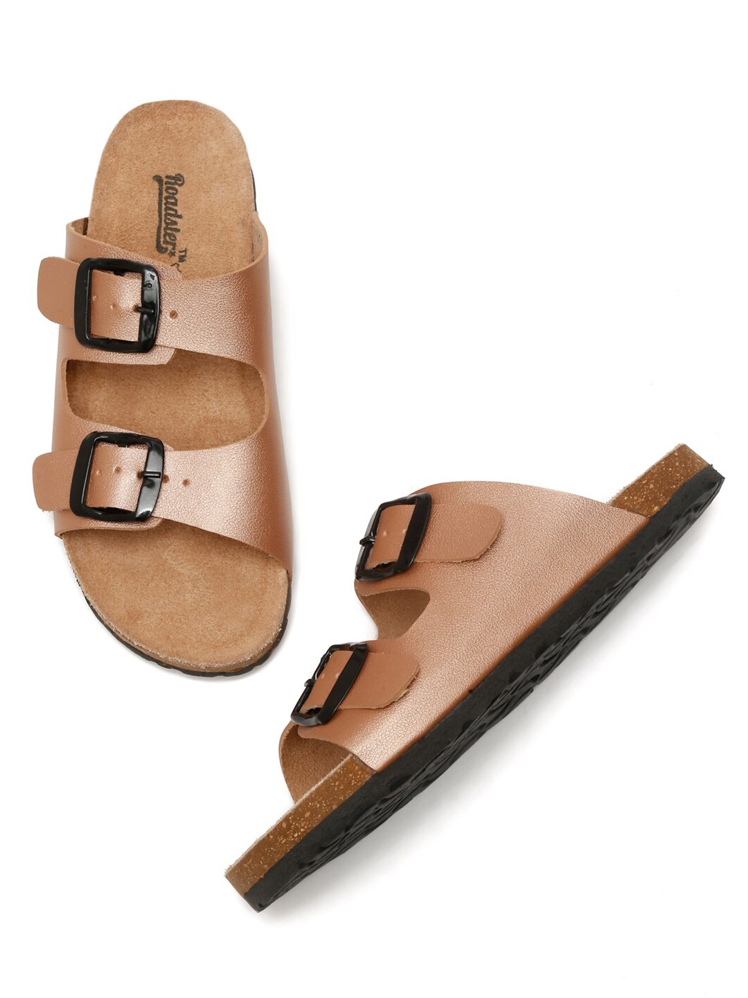 

The Roadster Lifestyle Co. Rose Gold-Toned Double Straps Open Toe Flats