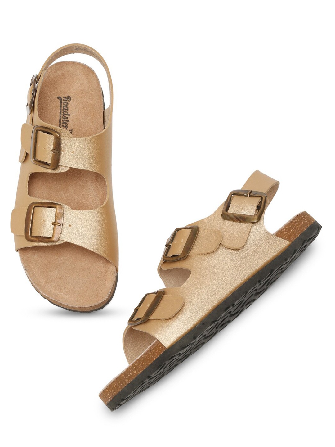 

The Roadster Lifestyle Co. Gold-Toned Double Straps Open Toe Flats
