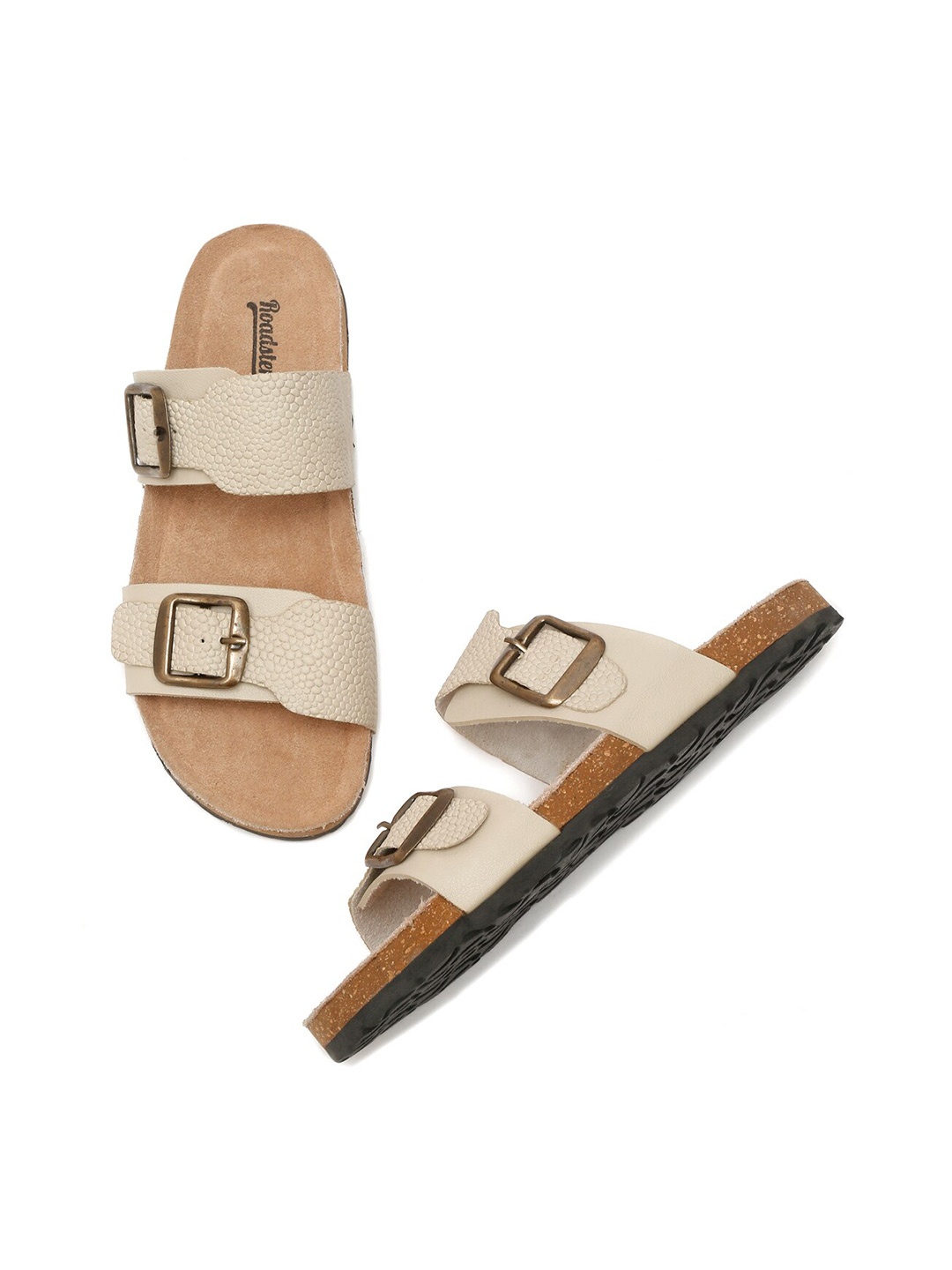 

The Roadster Lifestyle Co. Cream-Coloured Textured Buckled Open Toe Flats