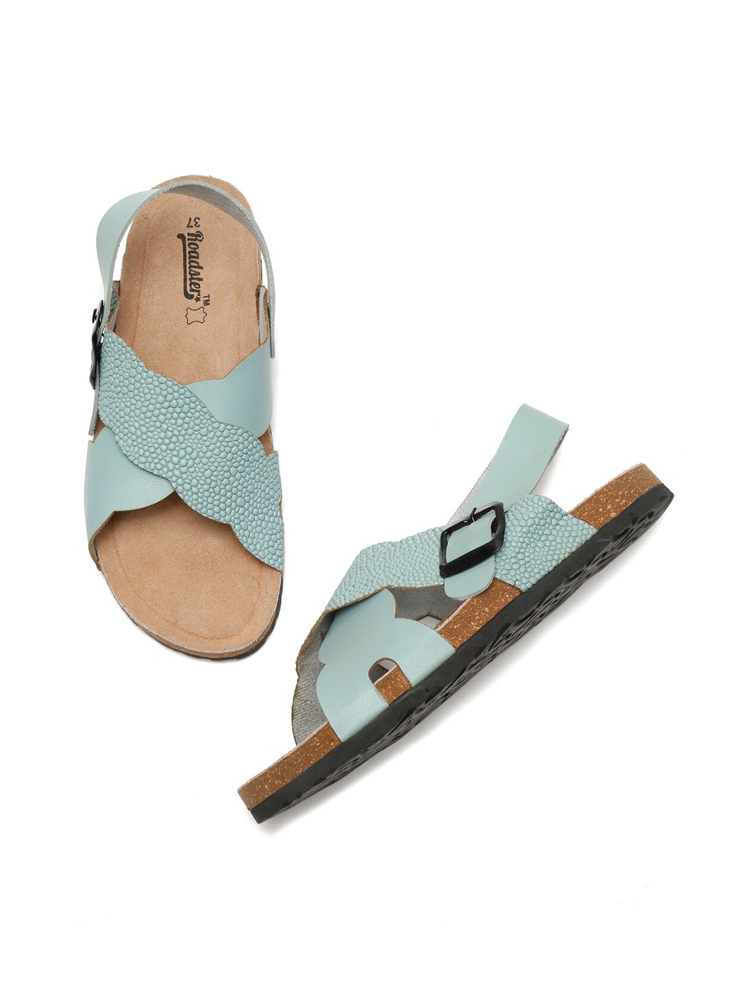 

The Roadster Lifestyle Co. Blue Textured Buckled Open Toe Flats