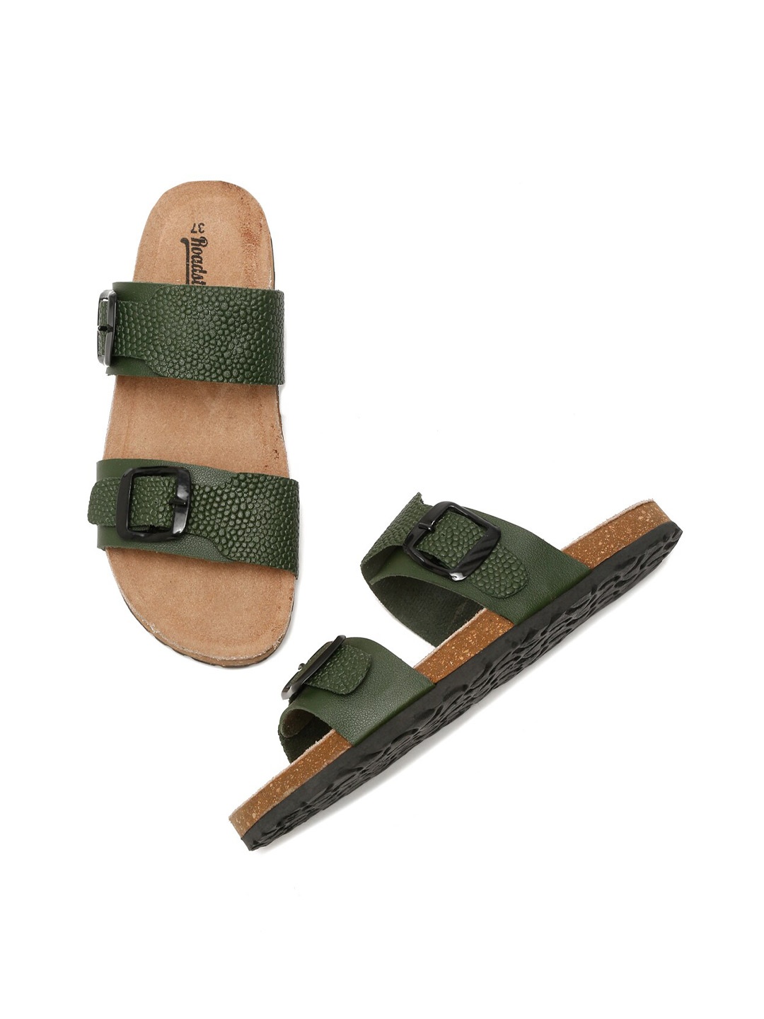 

The Roadster Lifestyle Co. Green Textured Buckled Open Toe Flats
