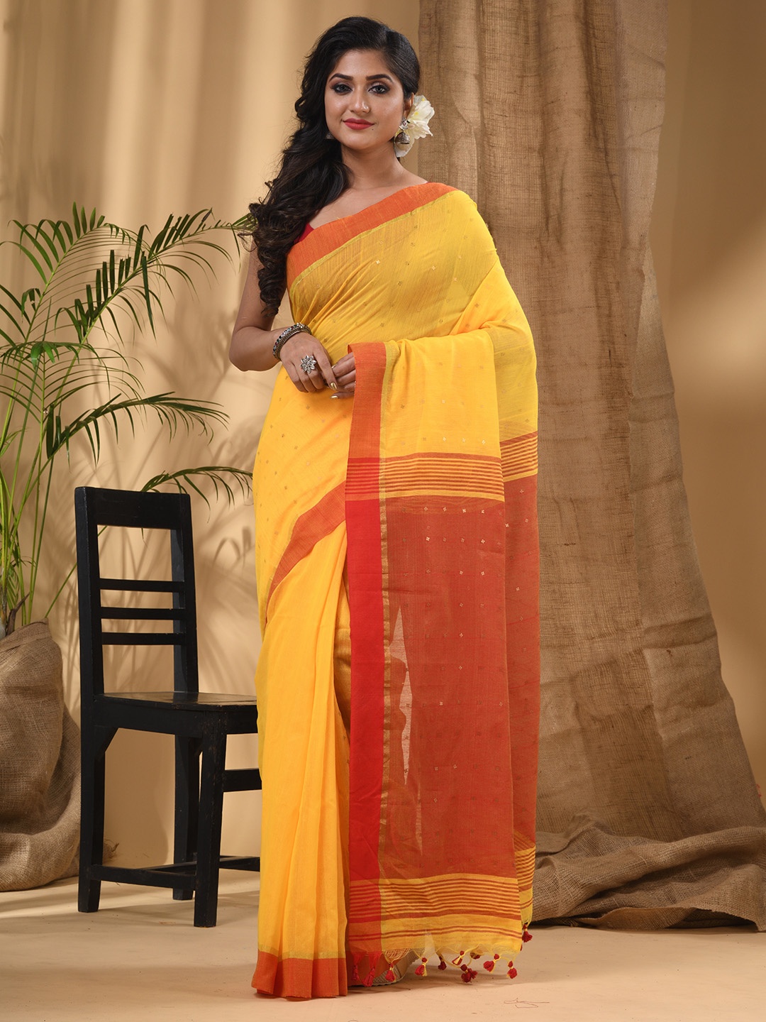 

DESH BIDESH Woven Design Sequinned Handloom Taant Saree, Yellow
