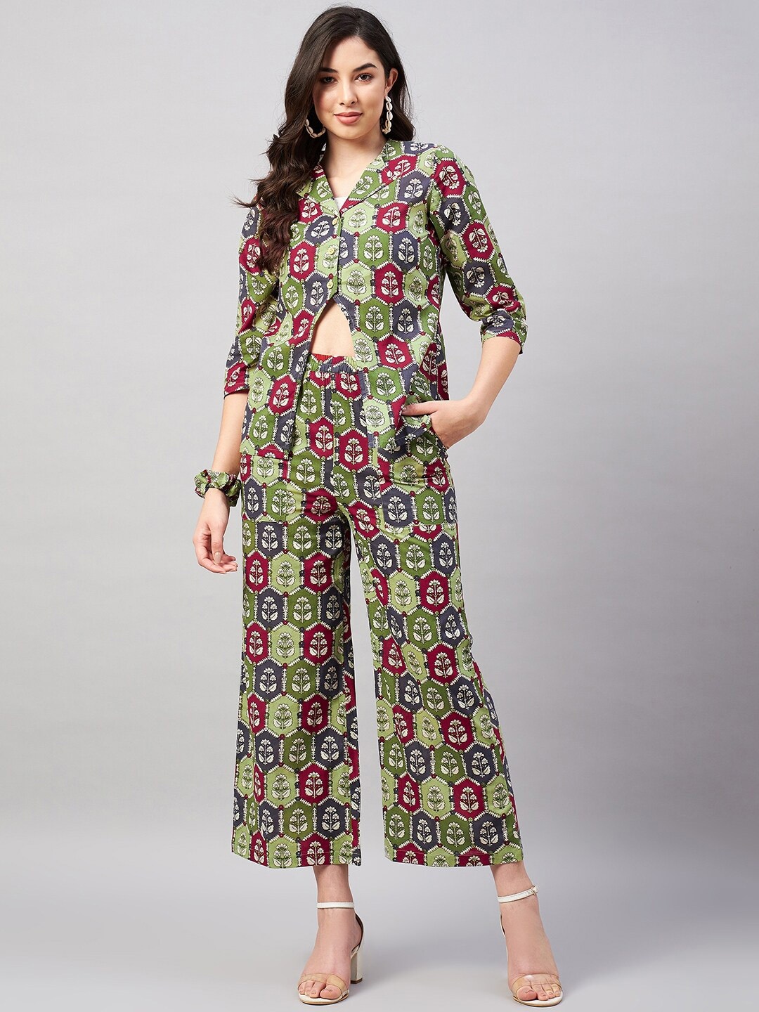 

WineRed Printed Cut Out Details Pure Cotton Top With Palazzos, Green