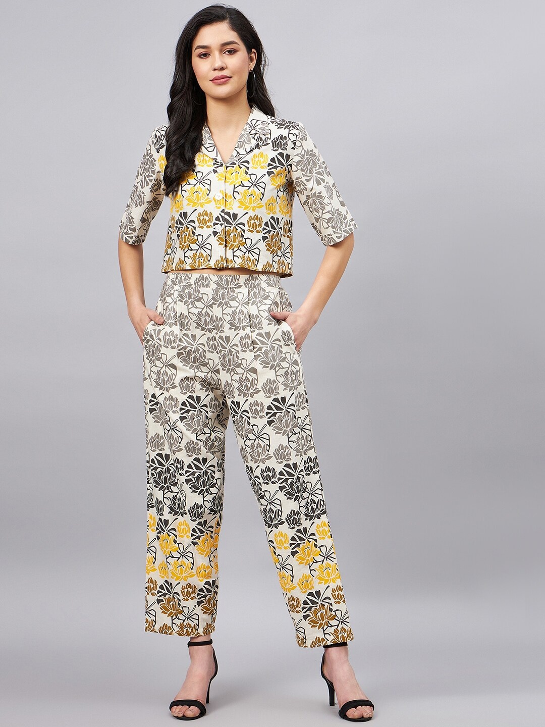 

WineRed Printed Pure Cotton Shirt With Trouser Co-Ords, Beige