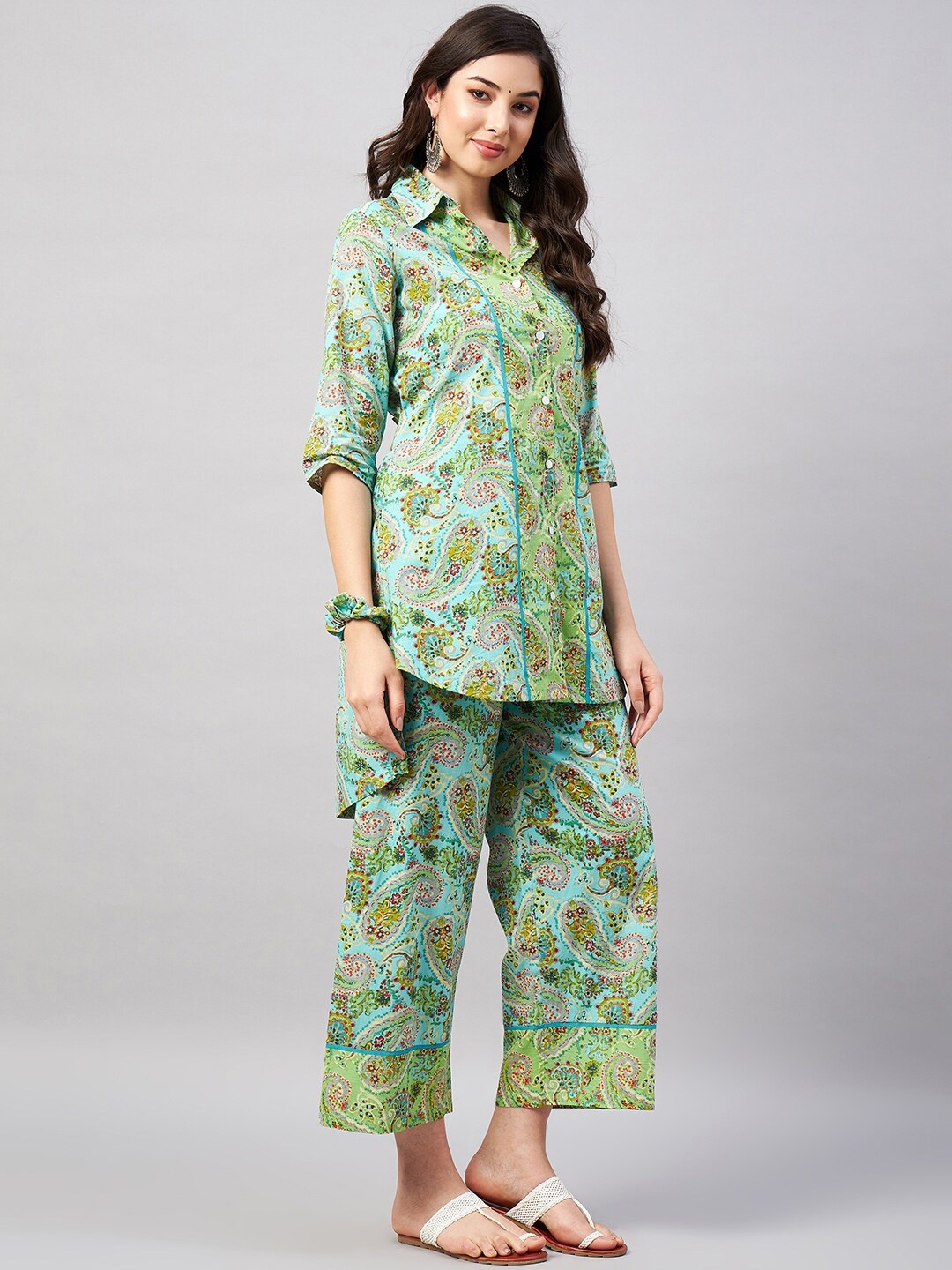 

WineRed Printed Pure Cotton Shirt Collar Top With Trouser, Green