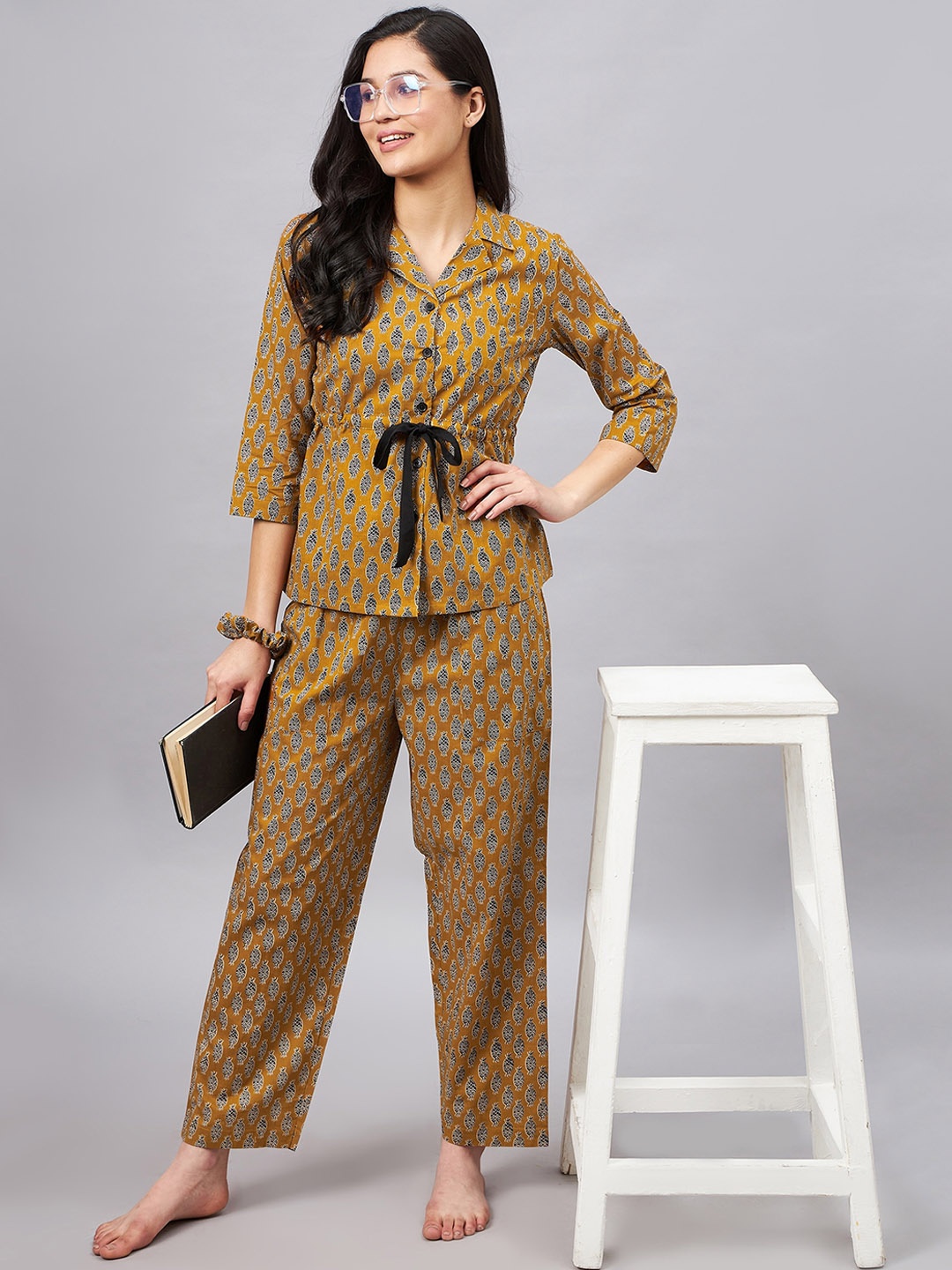 

WineRed Conversational Printed Pure Cotton Shirt With Pyjamas, Mustard