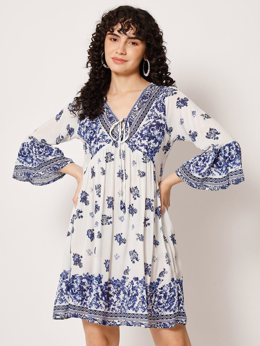 

VELDRESS Floral Printed V-Neck Bell Sleeve Empire Dress, Blue