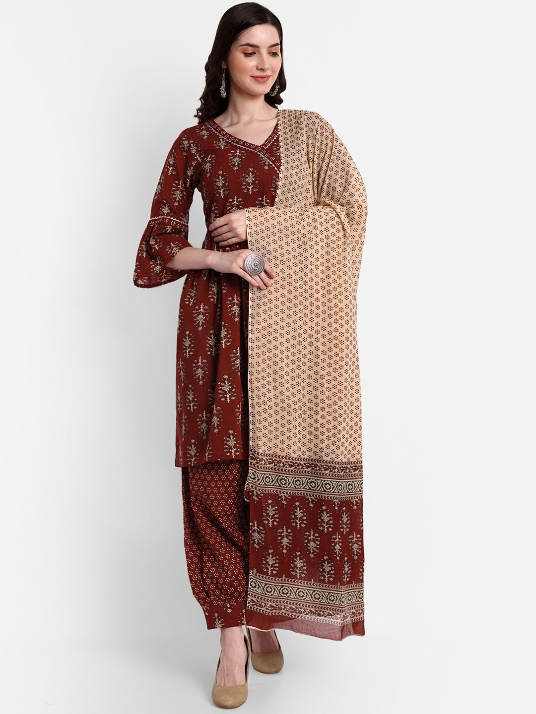 

SINGNI Women Floral Printed Pure Cotton Angrakha Kurta With Trousers & Dupatta, Maroon