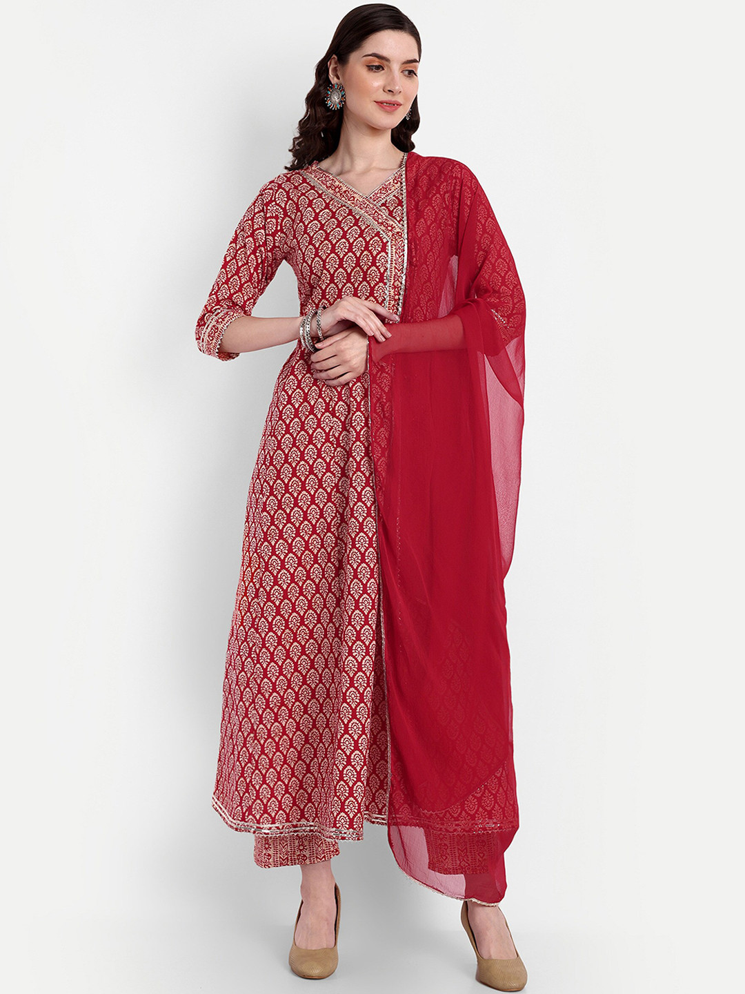 

SINGNI Women Floral Printed Pure Cotton Kurta With Trousers & Dupatta, Red