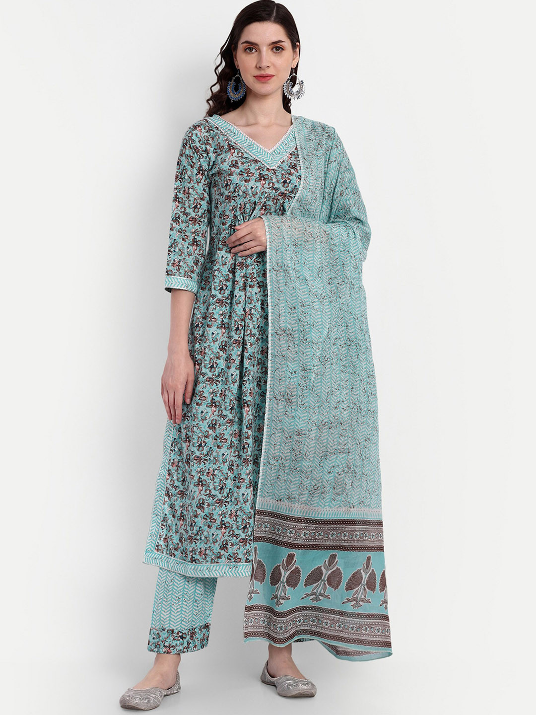 

SINGNI Ethnic Motifs Printed Pure Cotton Kurta With Trousers & Dupatta, Blue